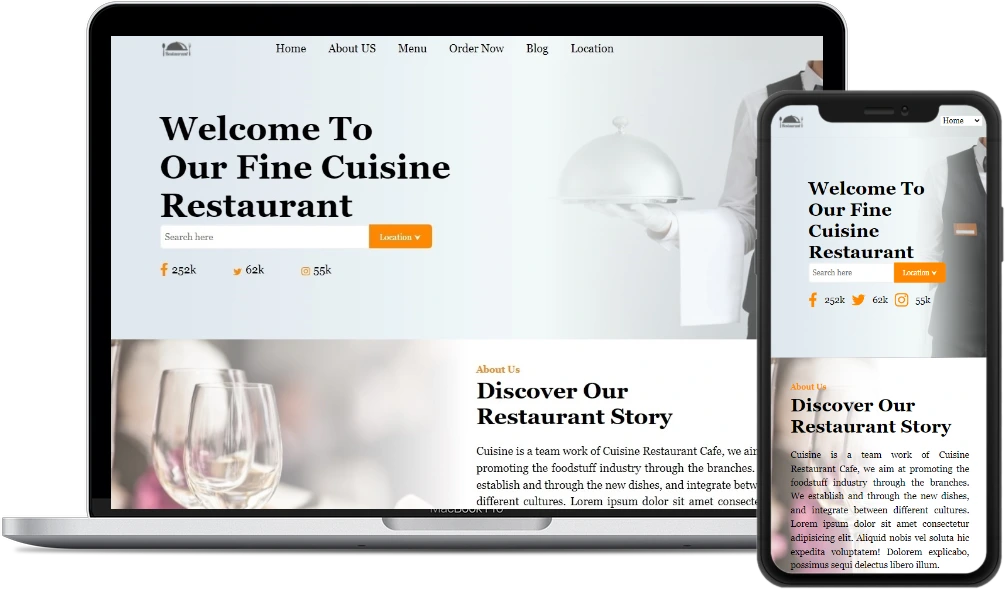Fine Cuisine Restaurant Mockup on Laptop and Phone Screens